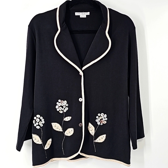 Ann Trinity Black & Tan Stretch Cotton Jacket with Floral Sequined Design - Picture 1 of 17